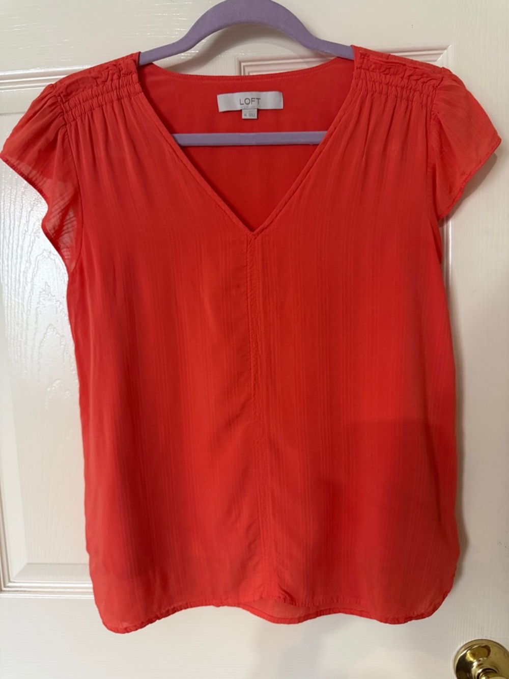 LOFT Coral-Red V-Neck Short Sleeve Blouse